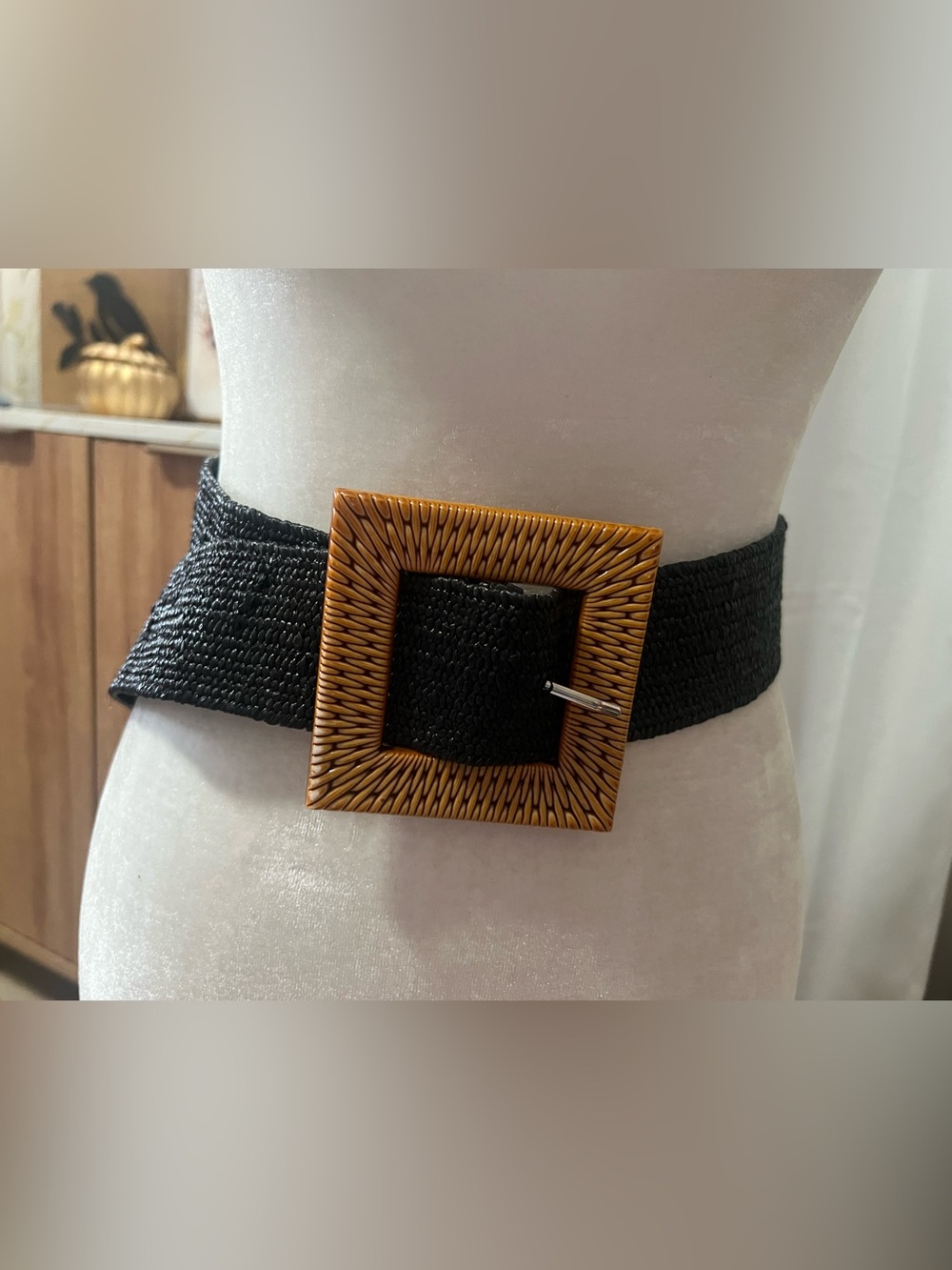 Black Woven Belt with Square Tan Buckle
